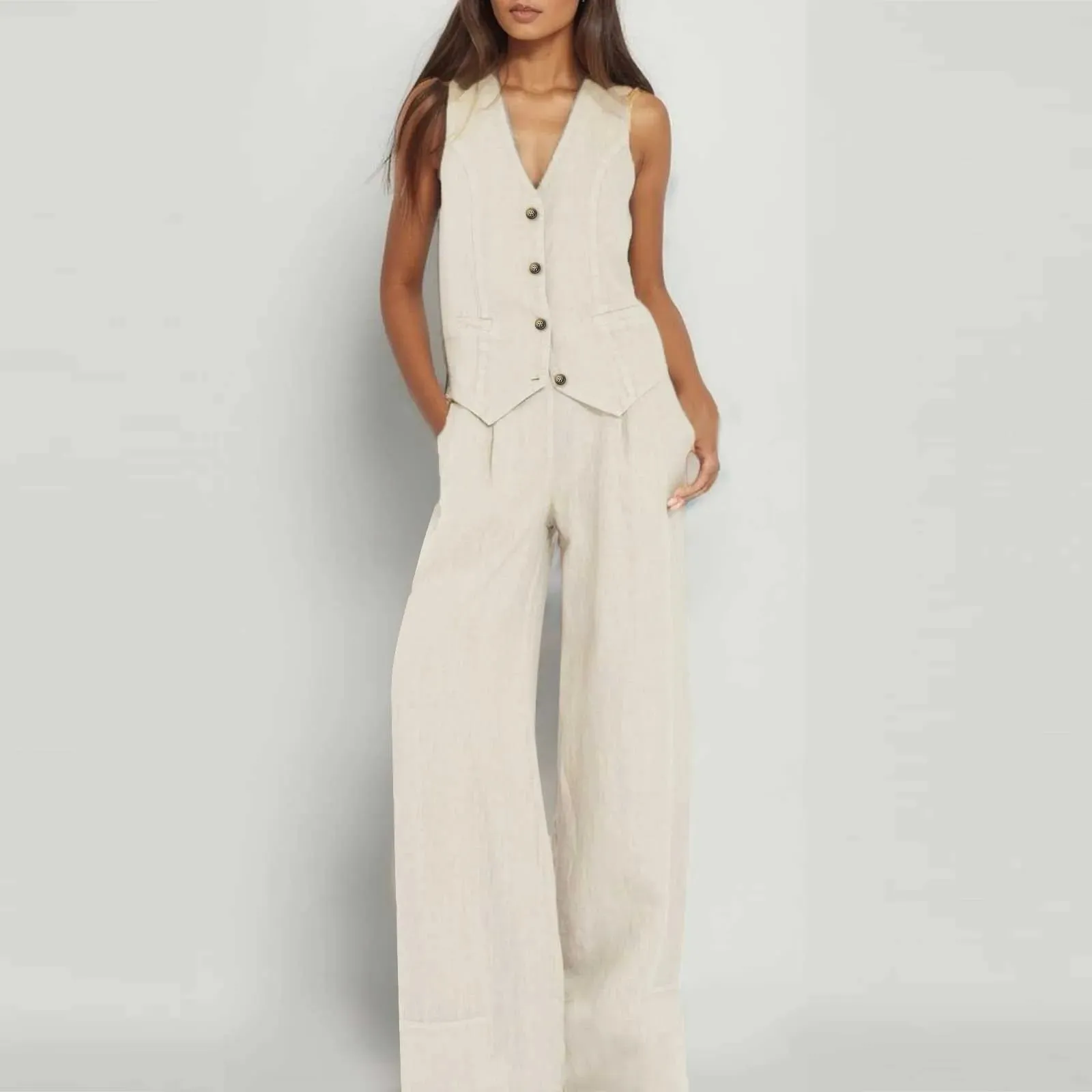 Women Chic Elegant Sleeveless Cotton Linen Casual Office Fashion Set