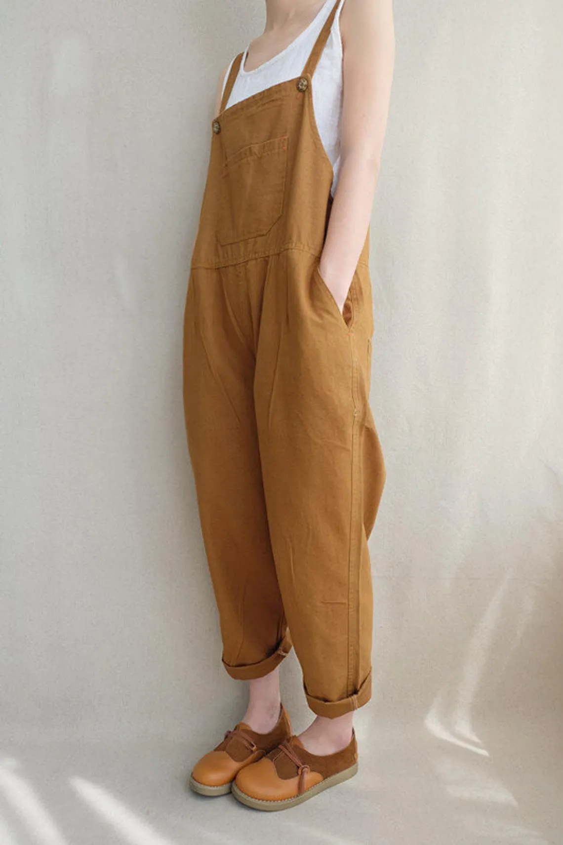 Women Leisure Cotton Jumpsuits Comfortable Dungarees Wide Leg Pants Casual Overalls With Pockets