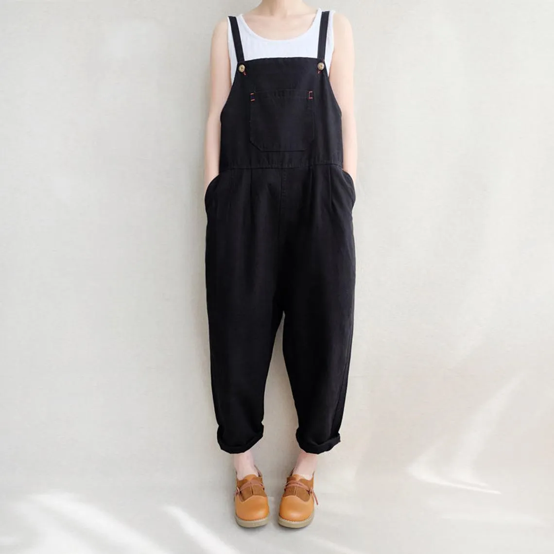 Women Leisure Cotton Jumpsuits Comfortable Dungarees Wide Leg Pants Casual Overalls With Pockets