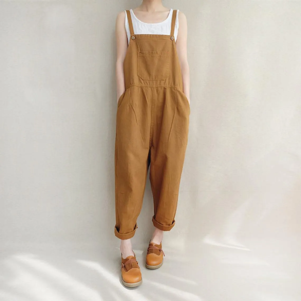 Women Leisure Cotton Jumpsuits Comfortable Dungarees Wide Leg Pants Casual Overalls With Pockets