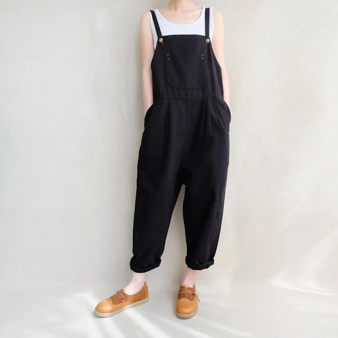 Women Leisure Cotton Jumpsuits Comfortable Dungarees Wide Leg Pants Casual Overalls With Pockets