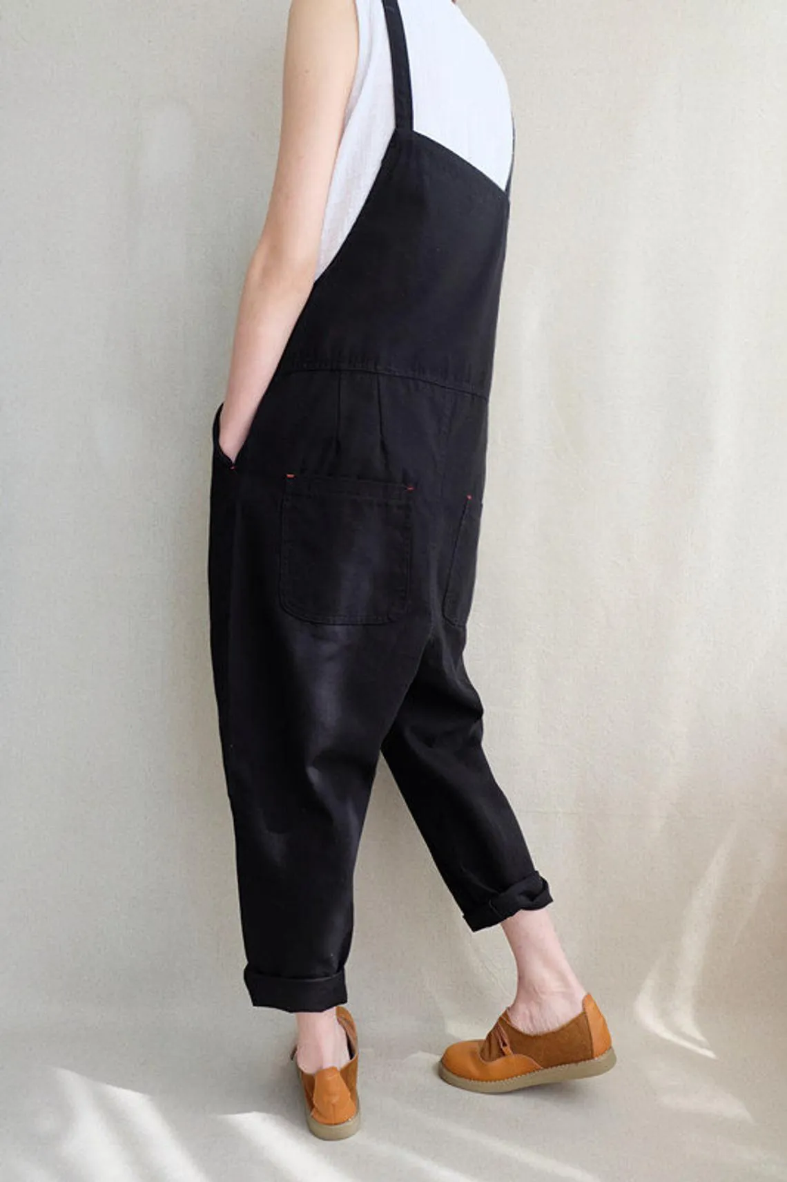 Women Leisure Cotton Jumpsuits Comfortable Dungarees Wide Leg Pants Casual Overalls With Pockets