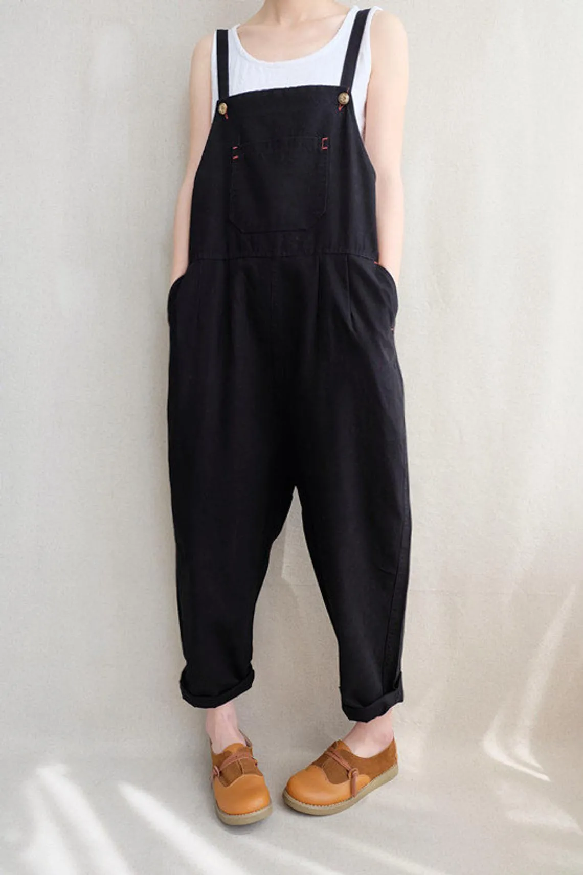 Women Leisure Cotton Jumpsuits Comfortable Dungarees Wide Leg Pants Casual Overalls With Pockets